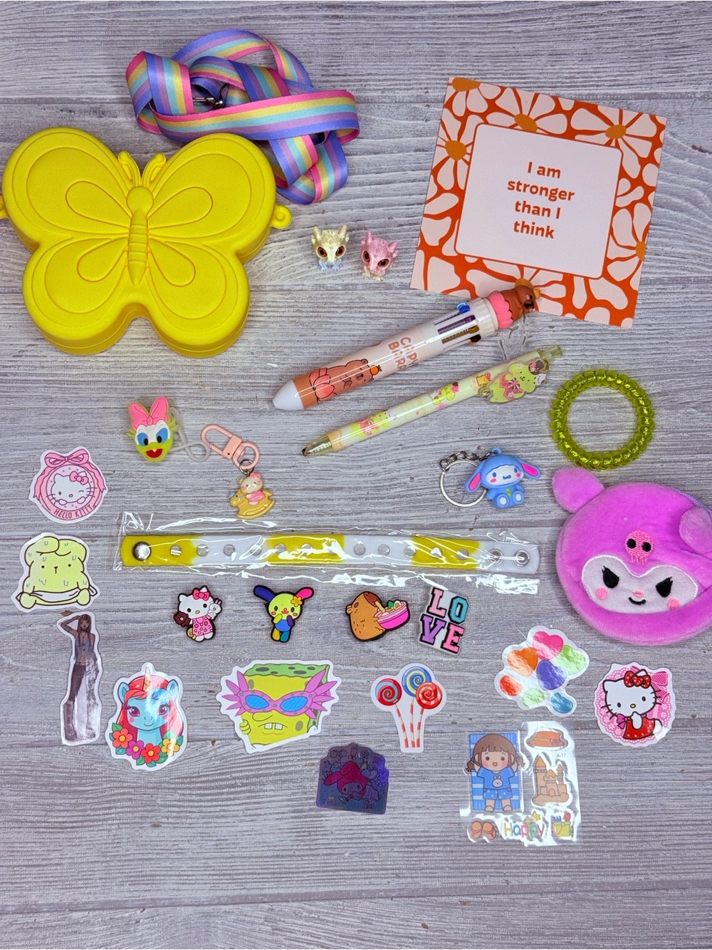 Butterfly purse sanrio coin purse , stickers , pens , straw cover , keychain